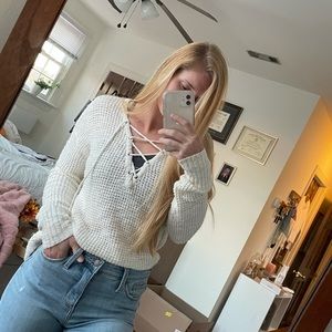 American eagle white lace up sweater